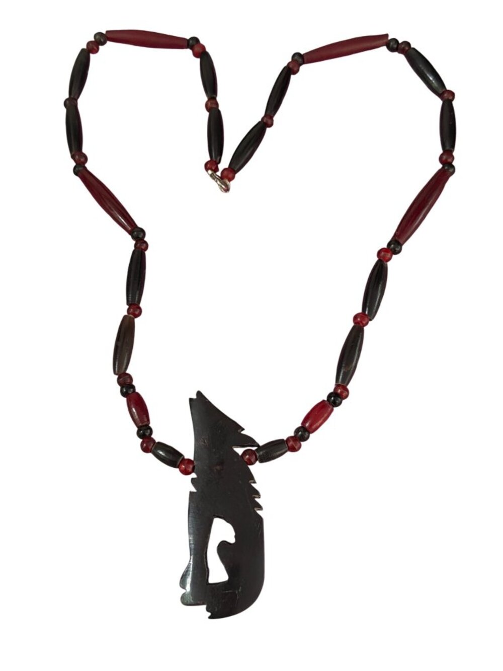 Vtg Black Red Lucite Bead Necklace Carved Wood Wolf Coyote Pendant Estate 28"